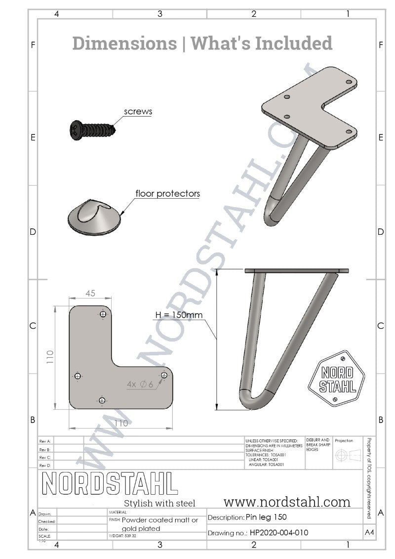 Technische tekening van Nordstahl Hairpin meubelpoot goud