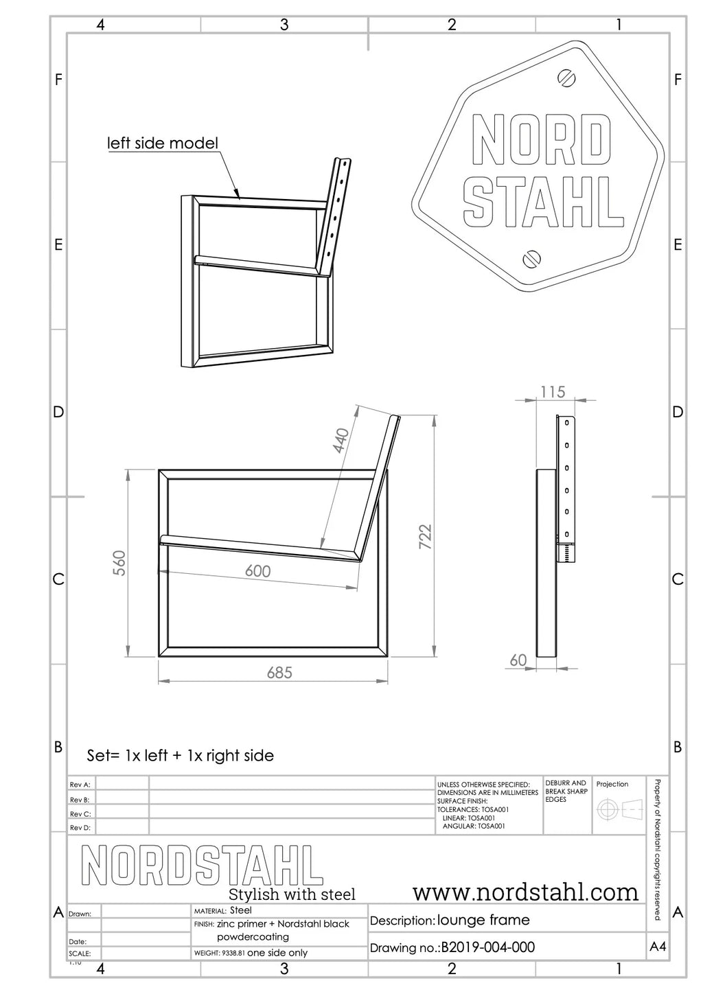 Technische tekening van Nordstahl Loungeset frame