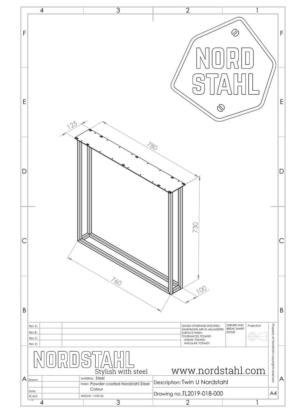 Technische tekening van Nordstahl Twin U leg tafelpoot