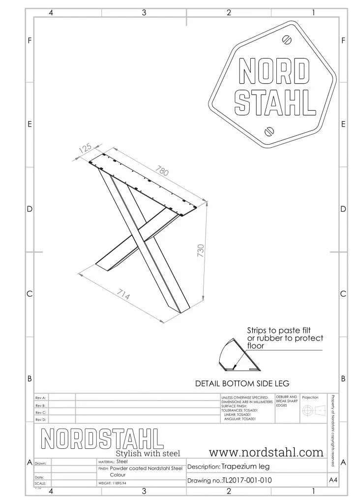 Technische tekening van Nordstahl X leg tafelpoot